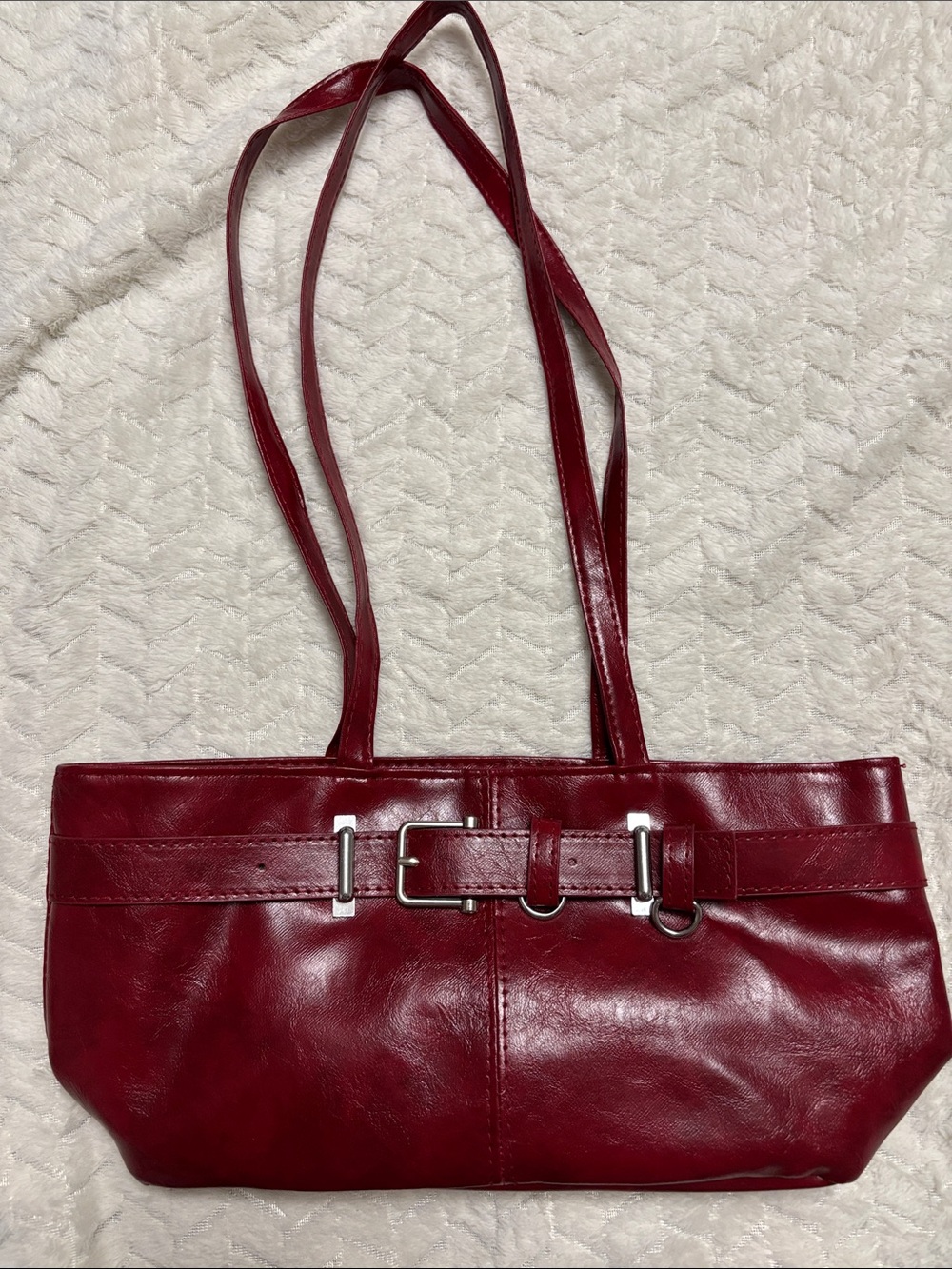 Classic Red Leather Shoulder Bag with Buckle Detail